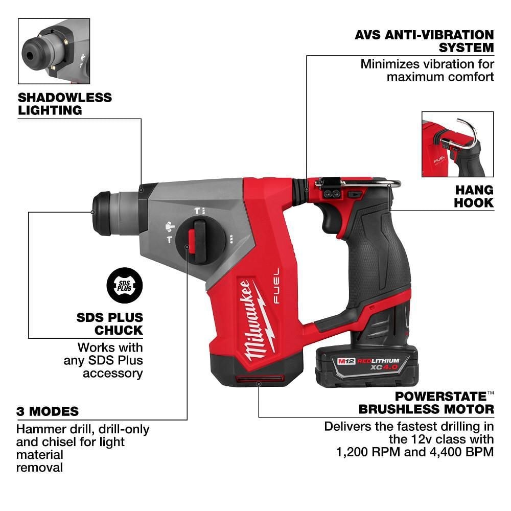Milwaukee M12 FUEL 5/8 Inch SDS Plus Rotary Hammer Kit, large image number 3