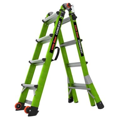 Little Giant Safety Conquest 2.0 Model 17 - ANSI Type 1A - 300 lb Rated - Fiberglass Articulated Extendable Ladder with Accessory Ports Carry Handle V-Bar and Tip & Glide Wheels