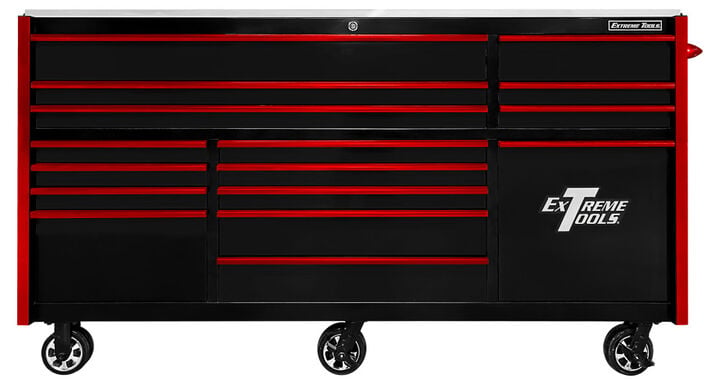 Extreme Tools RX Series 84 Inch W x 30 Inch D 15 Drawer plus Power Tool Drawer Roller Cabinet 250 lb Slides Black with Red Drawer Pulls
