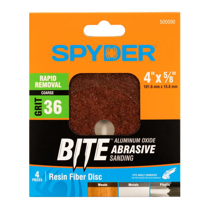 Spyder 4 Inch Resin Fiber Sanding Disc, 36 Grit Alum Oxide, 5/8 Inch Arbor 4 Pieces