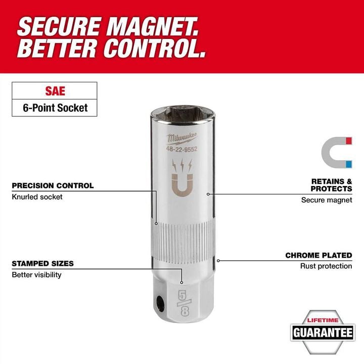Milwaukee 3/8in Drive 5/8in Magnetic Spark Plug Socket, large image number 1