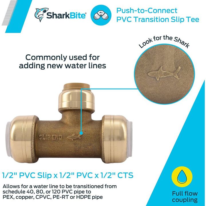 Sharkbite 1/2 x 1/2 x 1/2in Push to Connect Transition Slip Tee, large image number 1