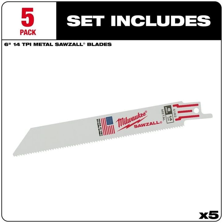 Milwaukee 6 in. 14 TPI Thin Kerf SAWZALL Blades 5PK, large image number 1