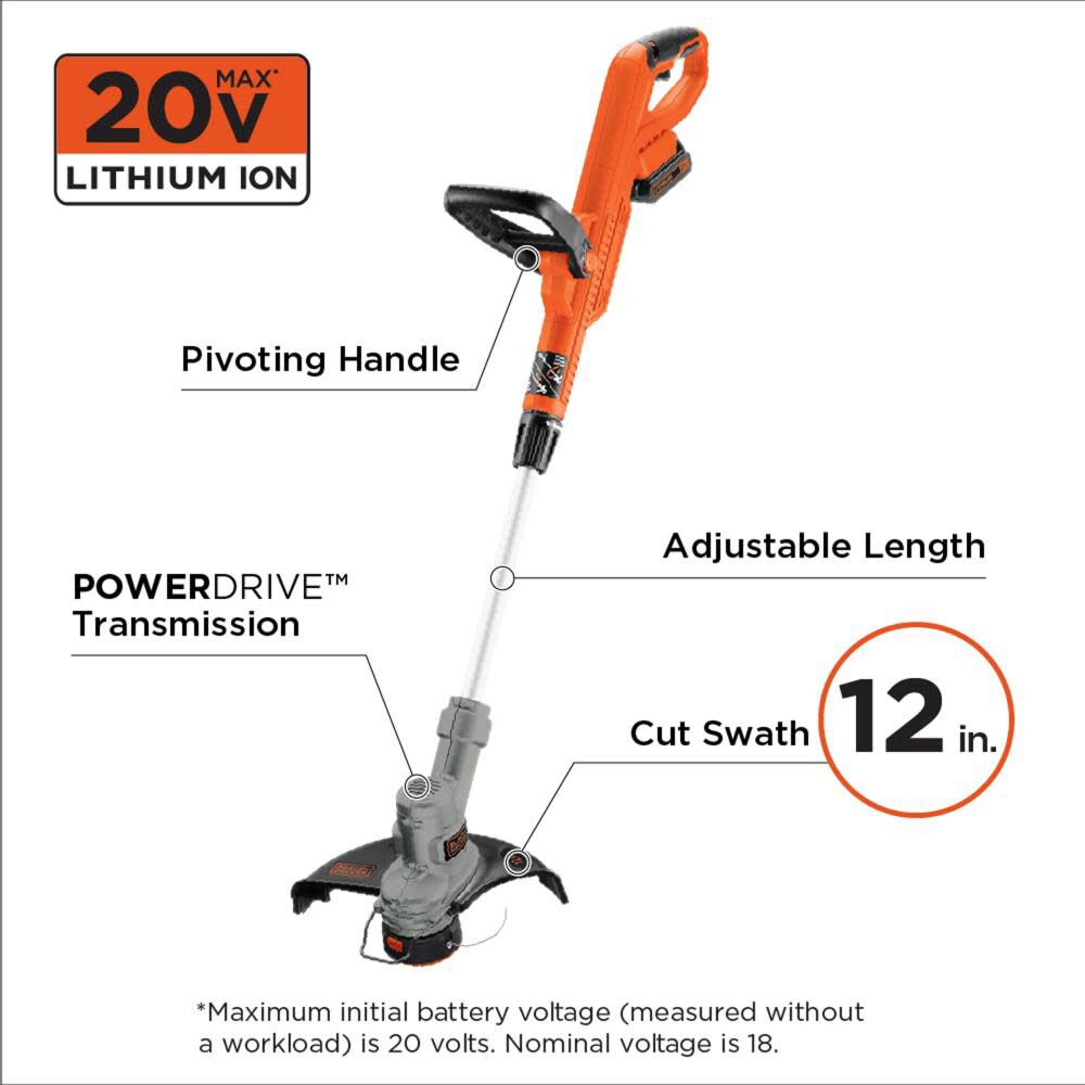 Black & Decker 20V Max String Trimmer/Edger LST300, 5.7 in, .065 in Line  Diameter, 12 in Cut Diameter