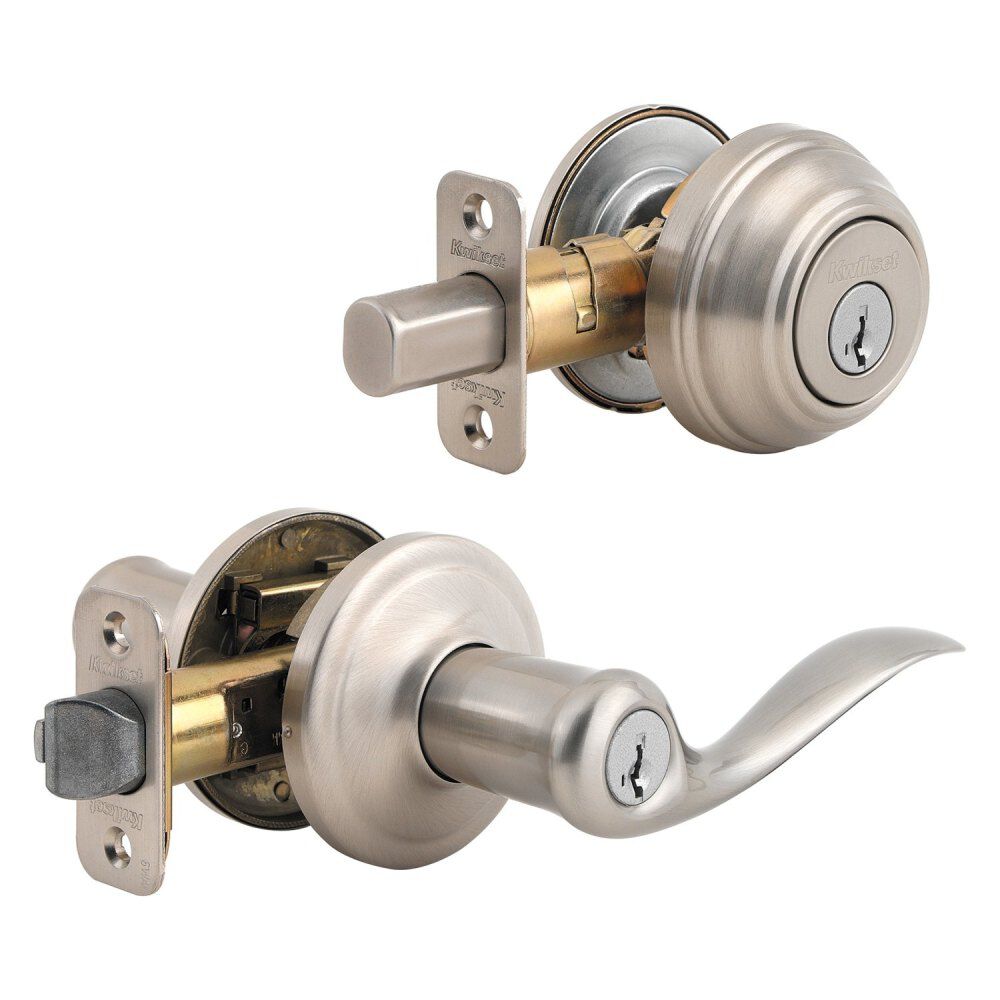 Kwikset Satin Nickel Tustin Door Lever & Single Cylinder Deadbolt Set, large image number 4