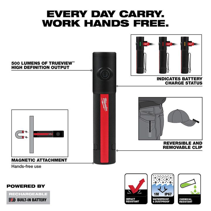 Milwaukee Promotional Everyday Carry Flashlight with Magnet Rechargeable 500L, large image number 2