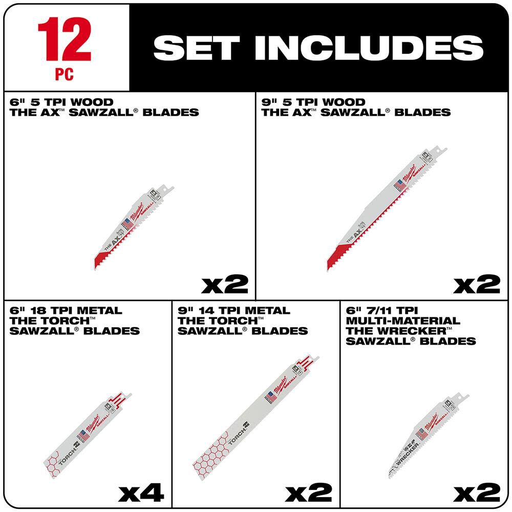 Milwaukee 12-Piece SAWZALL Blade Set 49-22-1129 - Acme Tools