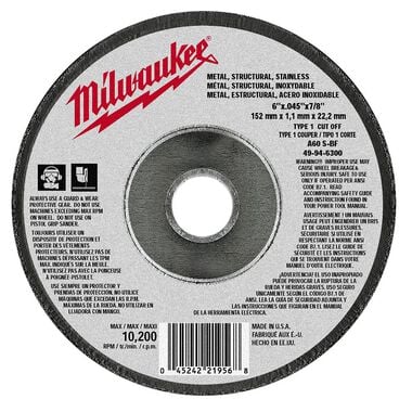 Milwaukee 6 in. x .045 in. x 7/8 in. Cut-Off Wheel (Type 1), large image number 0