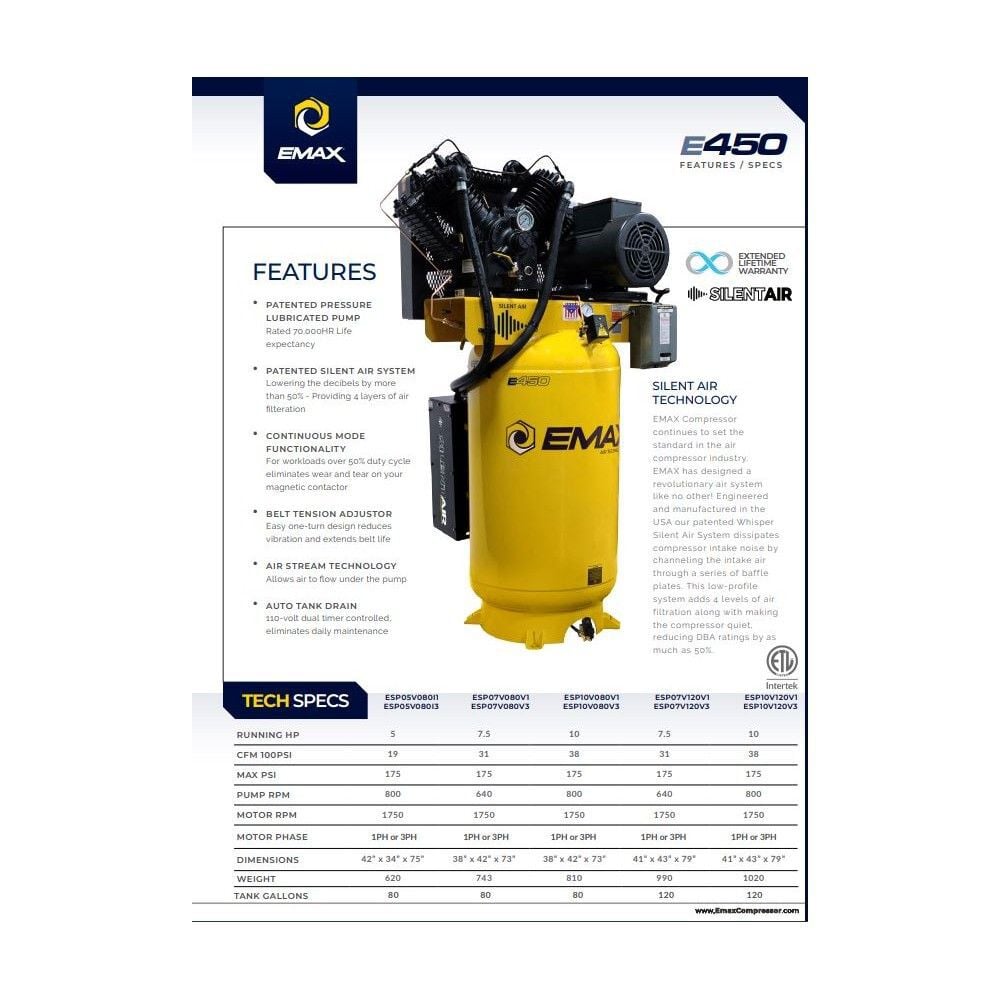 EMAX 208V 7.5HP 3PH 80 Gallon Vertical Air Compressor, large image number 10