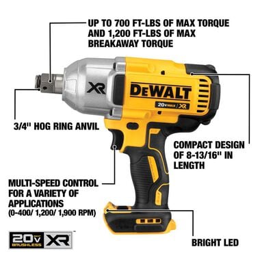 DEWALT 20V MAX XR 3/4in Impact Wrench with Hog Ring Retention Pin Anvil (Bare Tool), large image number 1