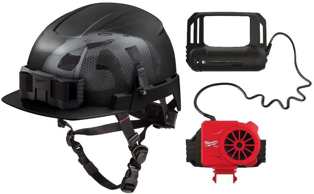Milwaukee BOLT Black Front Brim Safety Helmet with IMPACT ARMOR Liner Type 2 Class E & USB Cooling Fan Bundle - MIL000011822