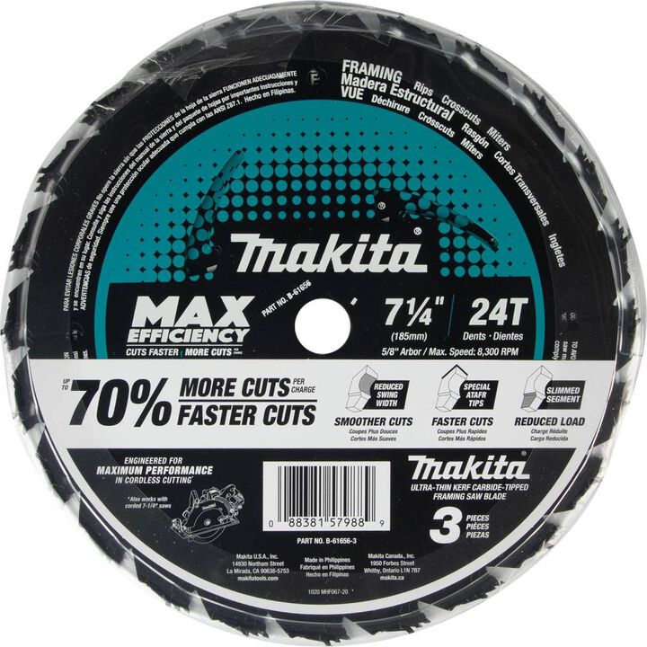 Makita Max Efficiency Circular Saw Blades 7 1/4in 24T Carbide Tipped Framing 3pk, large image number 6