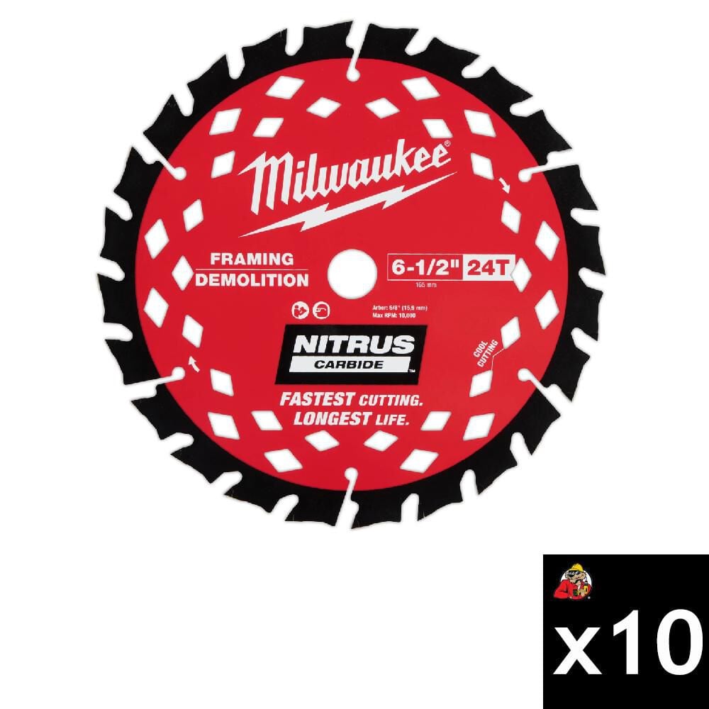 Milwaukee 6-1/2 Inch 24T NITRUS Carbide Framing & Demolition Circular Saw Blade 10 Piece Bundle, large image number 1