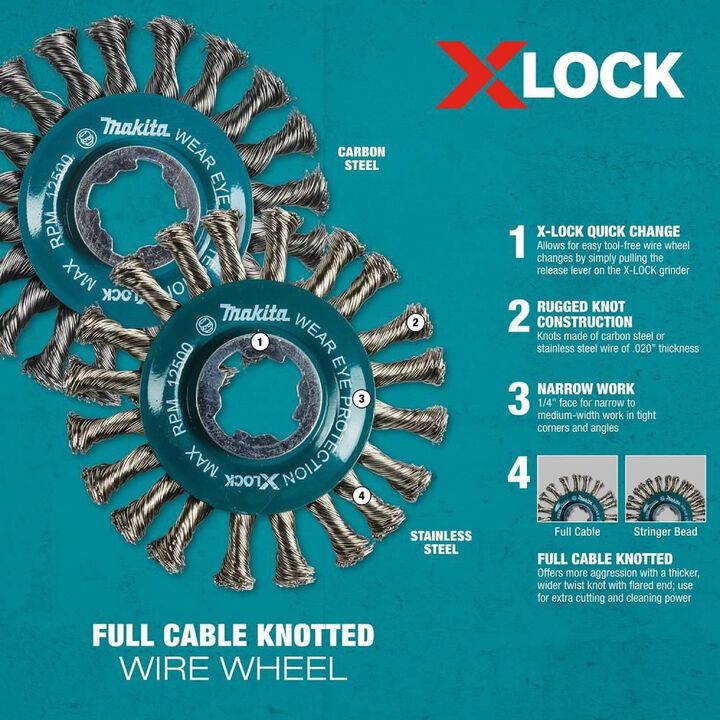 Makita X-LOCK 4-1/2in Carbon Steel Full Cable Knotted Twist Wire Wheel, large image number 9