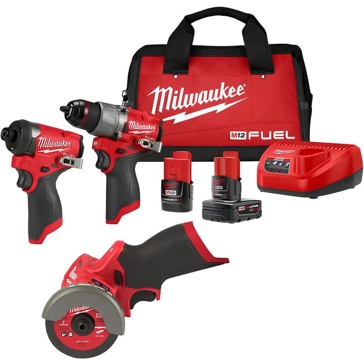 Milwaukee M12 FUEL Drill Driver, Impact Driver & Cut Off Tool Combo Kit Bundle