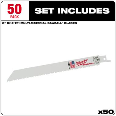 Milwaukee 8 in. 8/12 TPI SAWZALL Blades (50 Pack), large image number 1