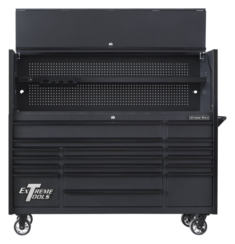 Extreme Tools DX Series 72 Inch W x 21 Inch D Extreme Power Workstation Hutch and 17 Drawer Roller Cabinet Combo with Drawer Pulls – DX7218HRMK