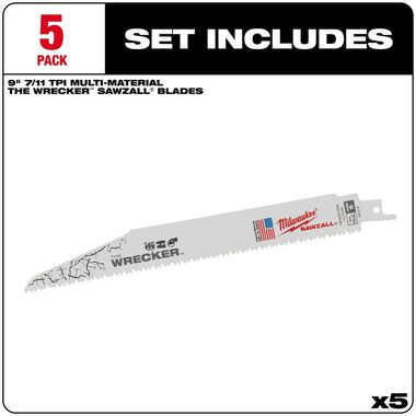 Milwaukee The Wrecker Multi-Material SAWZALL Blade 9 In. 7/11TPI 5 pk, large image number 1