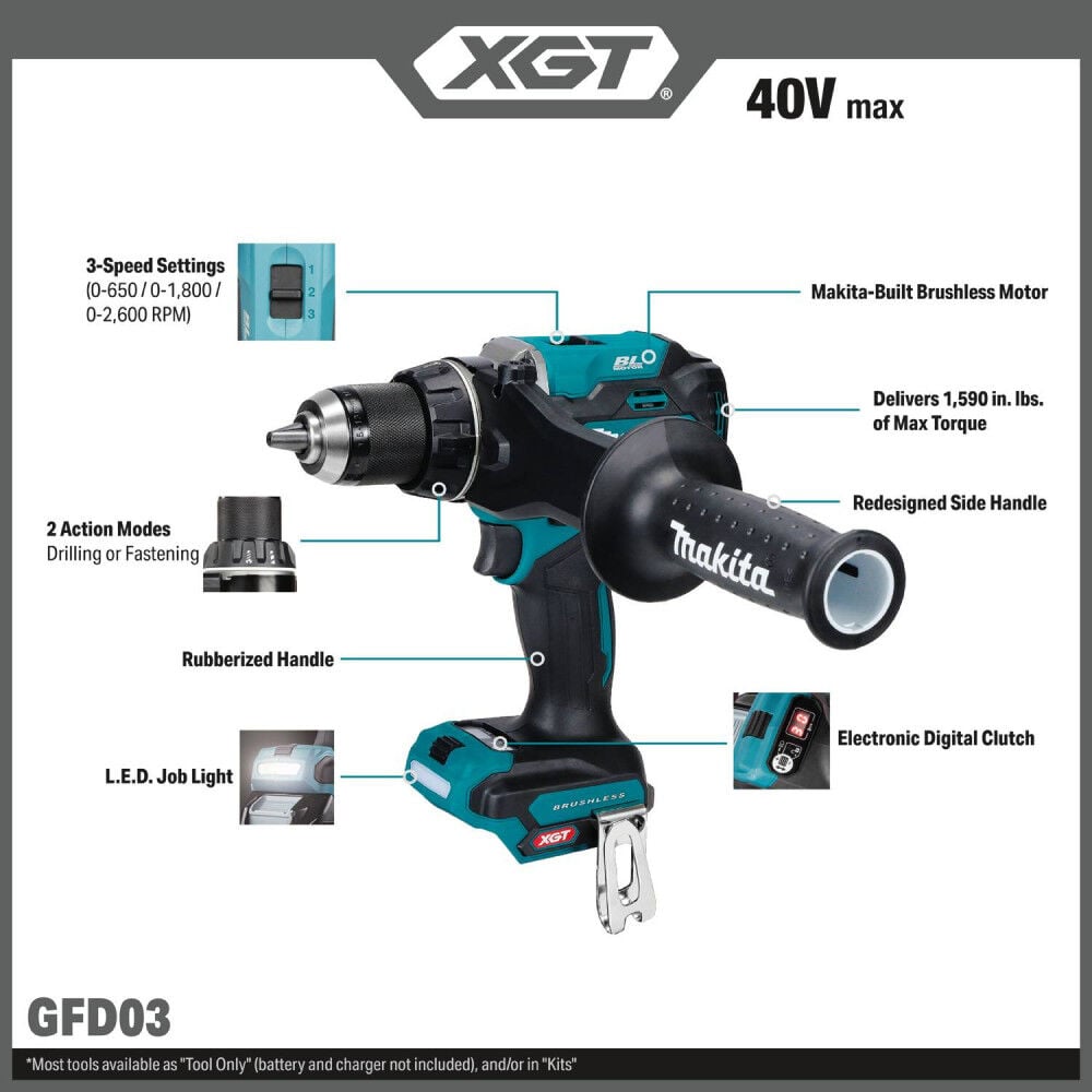 Makita 40V max XGT Brushless Cordless 3-Speed 1/2 Inch Driver-Drill (Bare Tool), large image number 2