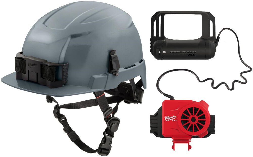 Milwaukee BOLT Gray Front Brim Helmet Class E & USB Cooling Fan Bundle, large image number 1