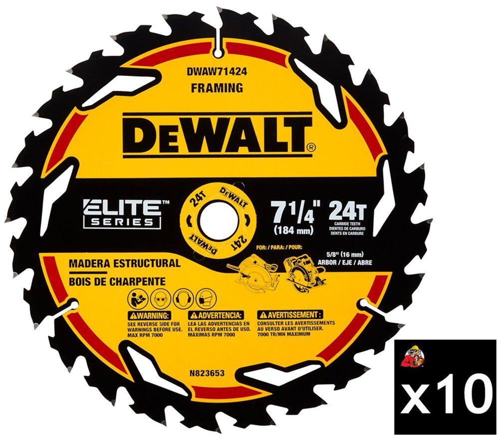 DEWALT 7 1/4 Inch 24T Pack of 10 Elite Series Circular Saw Blades, large image number 1