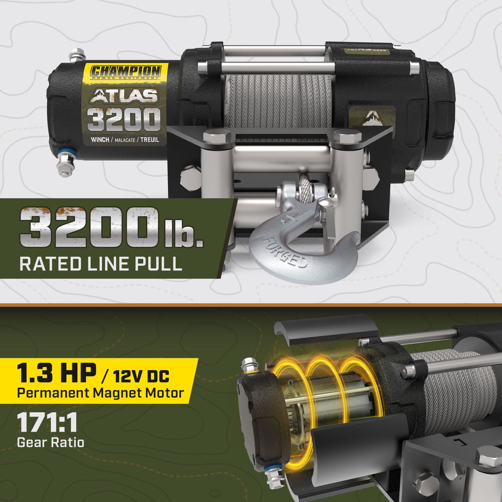 Champion Power Equipment ATLAS 3200 lb ATV/UTV Steel Cable Winch Kit, large image number 6