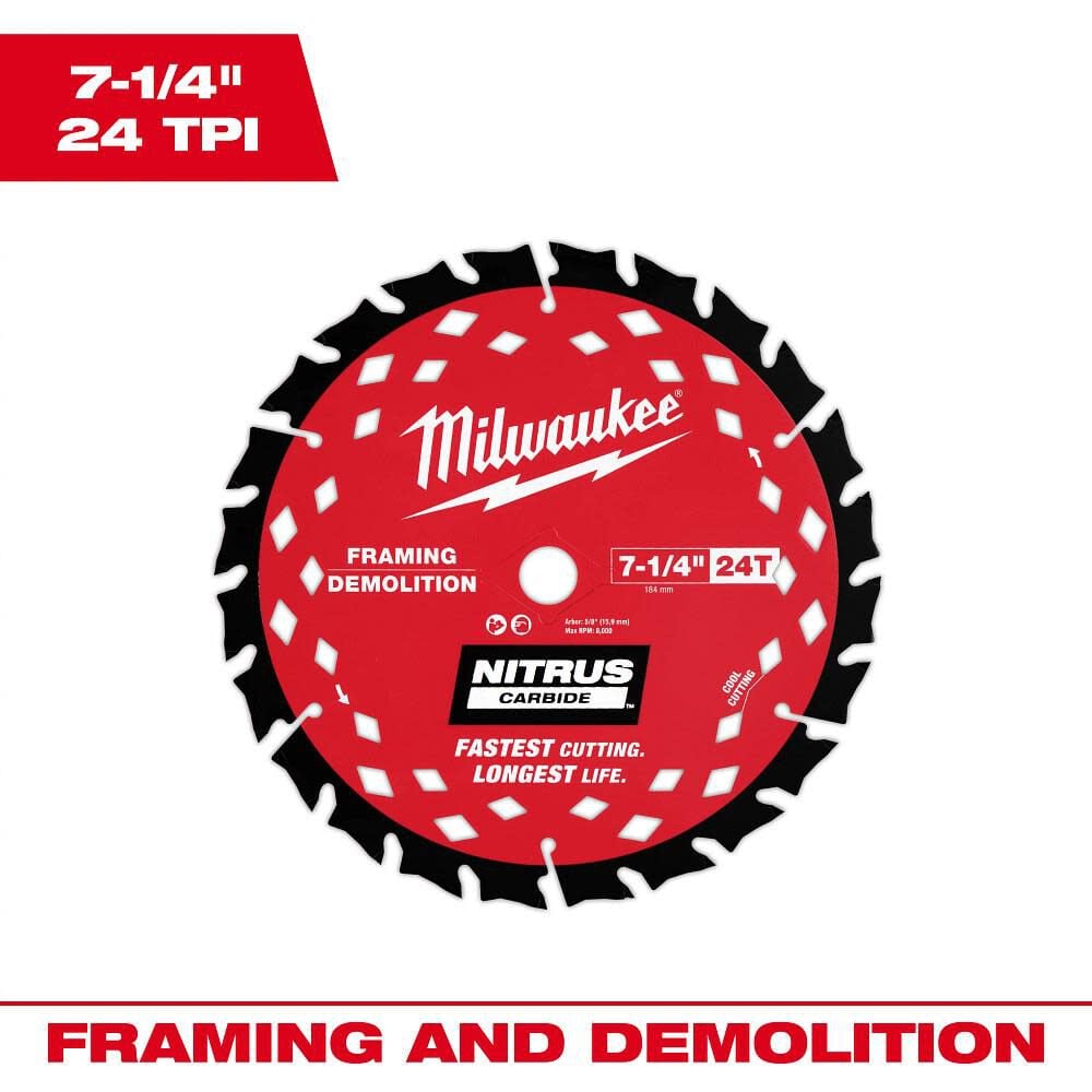 Milwaukee 7-1/4 Inch 24T NITRUS Carbide Framing and Demolition Circular Saw Blade, large image number 2