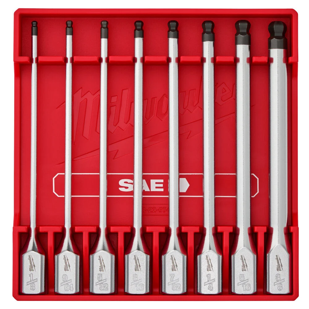 Milwaukee 3/8 Inch Drive Long Ball End Hex Bit Socket Set SAE 8 Pieces, large image number 1