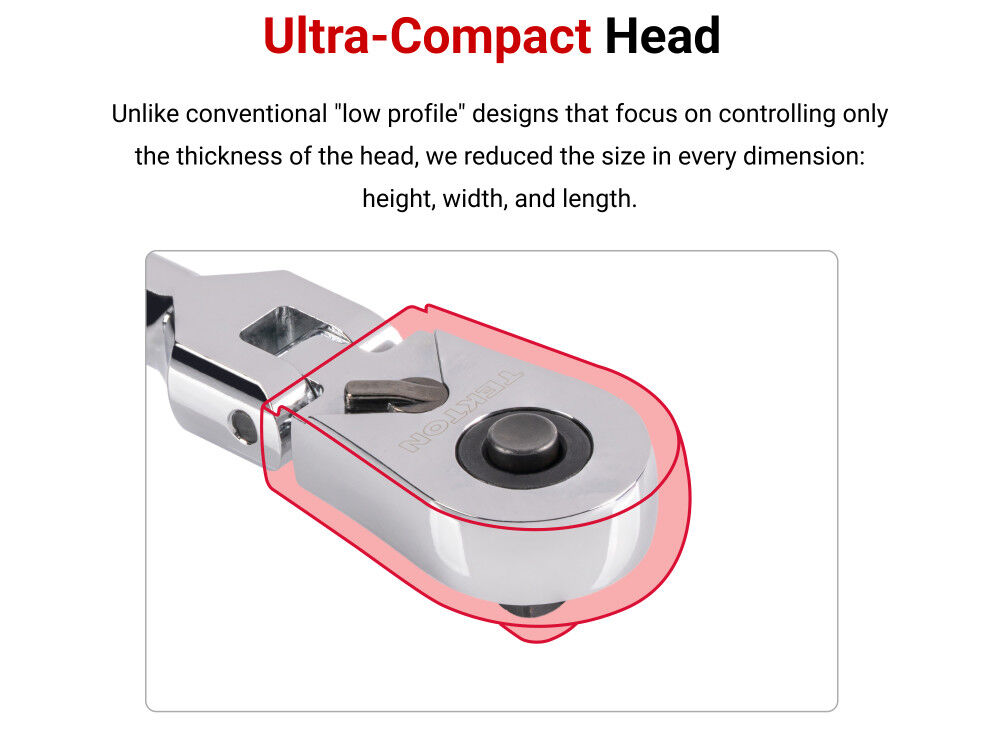 Tekton 1/4 Inch x 3 Inch Flex Head Non-QR Stubby Ratchet with Handle Tang, large image number 4