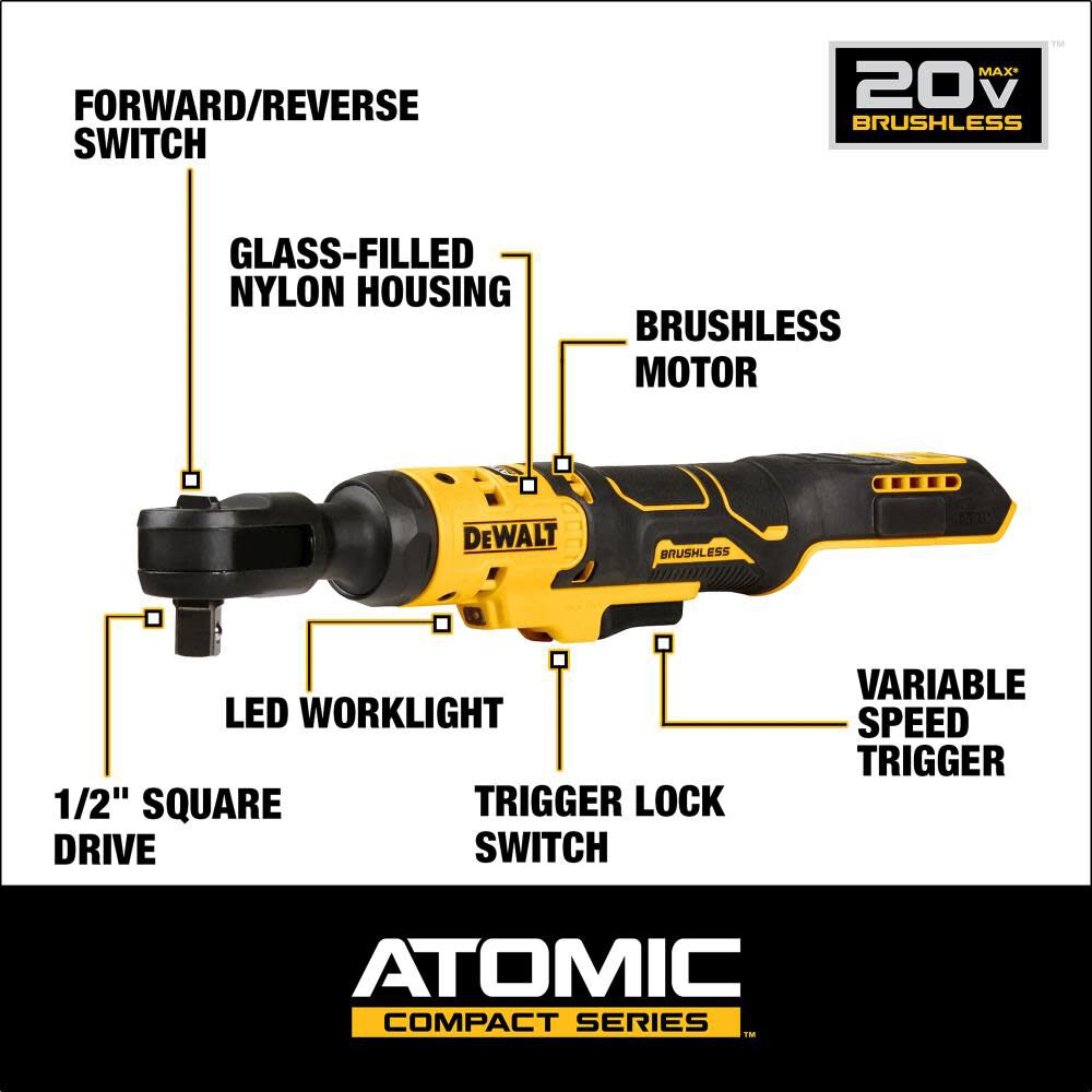 DEWALT ATOMIC 20V MAX Ratchet Brushless Kit 1/2in, large image number 3