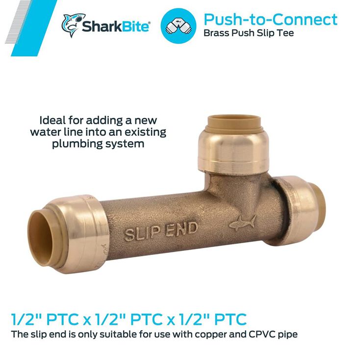 Sharkbite 1/2 x 1/2 x 1/2in Push to Connect Brass Push Slip Tee, large image number 1