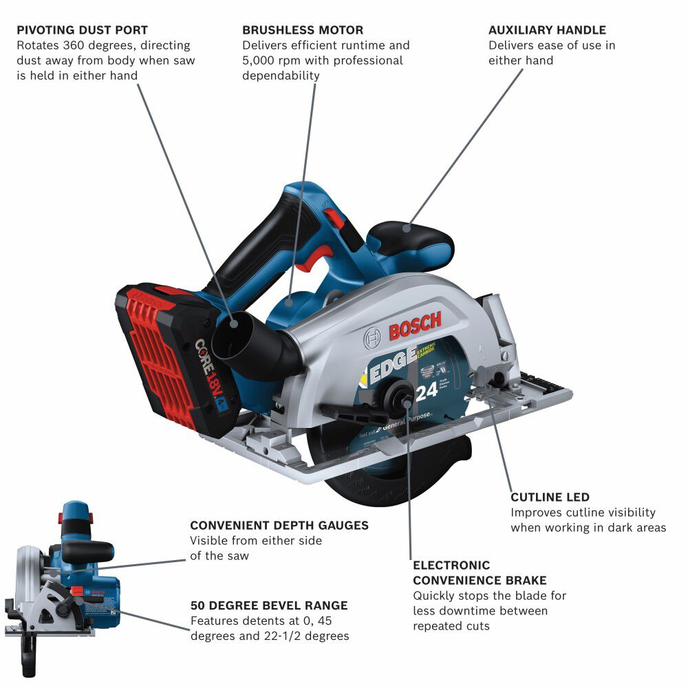 Bosch 18V Blade Right 6 1/2in Circular Saw Kit with 2 CORE18V 4.0 Ah Compact Batteries, large image number 2