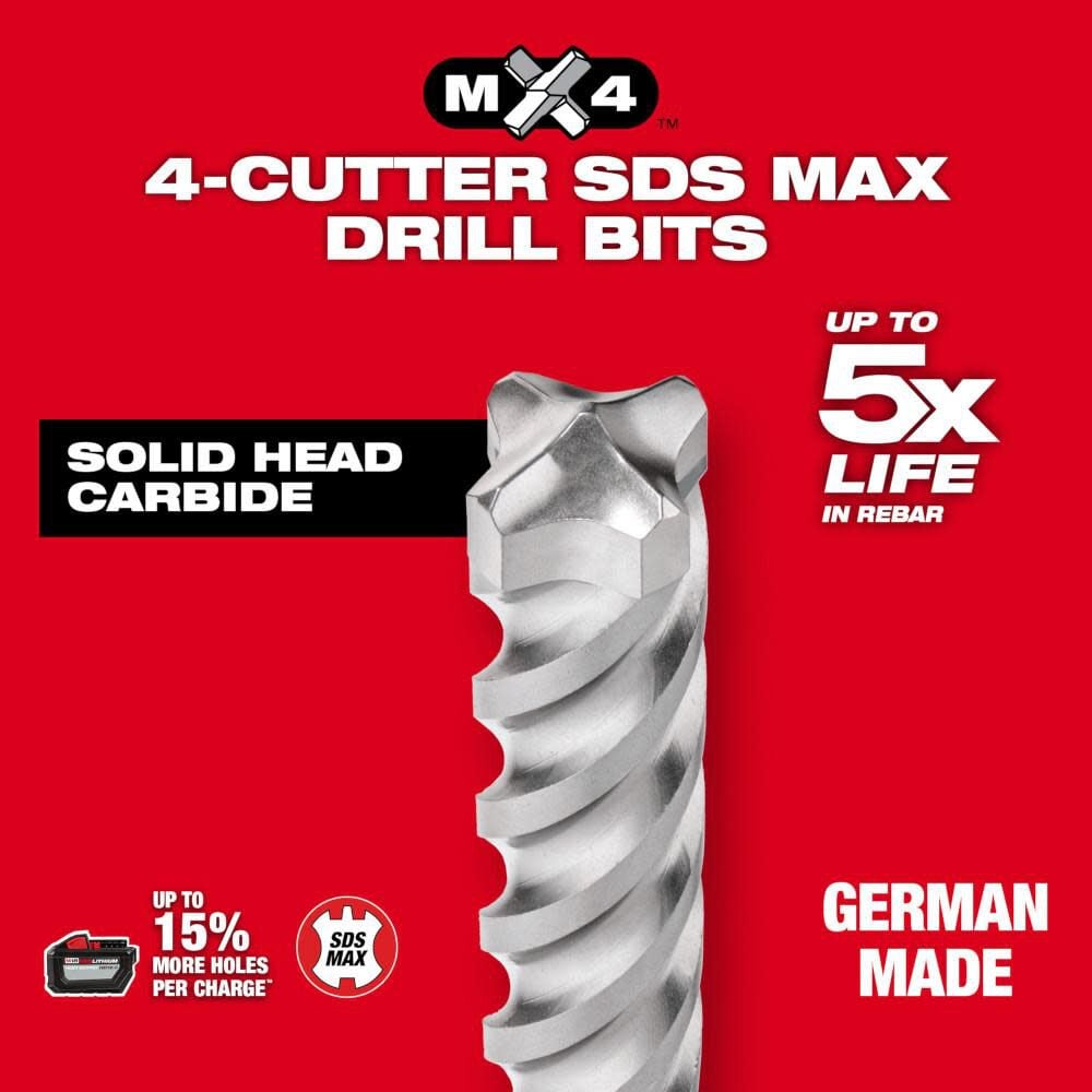 Milwaukee SDS MAX Rotary Hammer Drill Bit 4CT MX4 1 1/8inch X 8inch X 13inch, large image number 4