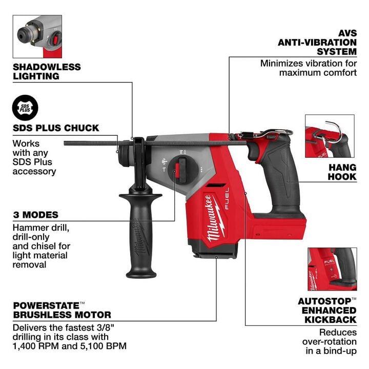 Milwaukee M18 FUEL 5/8 Inch SDS Plus Rotary Hammer (Bare Tool), large image number 2