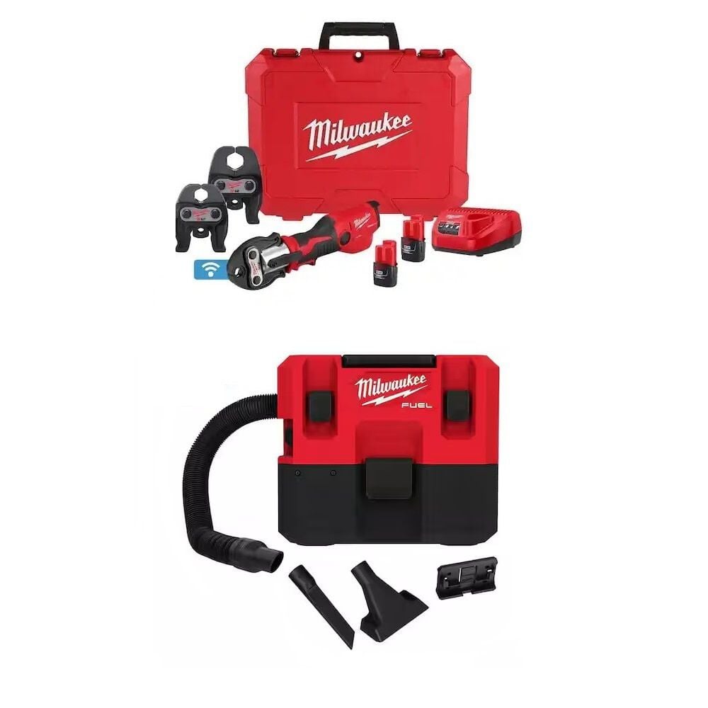 Milwaukee M12 Press Tool with 1/2 - 1 Inch Jaws Kit and M12 1.6 Gallon Wet or Dry Vacuum (Bare Tool) Bundle, large image number 1