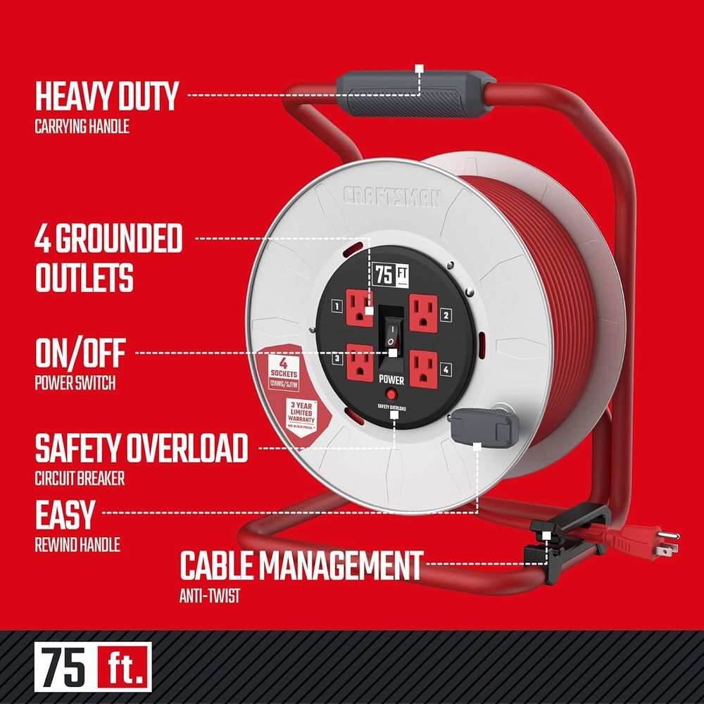 CRAFTSMAN 75 Foot Retractable Extension Cord Reel with 4 Outlets, large image number 2