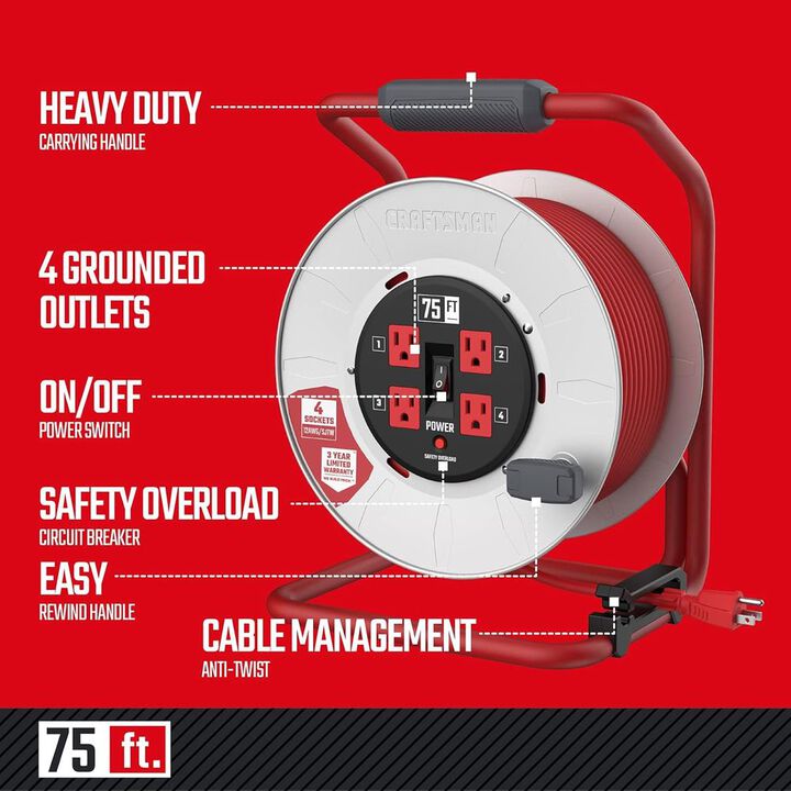 CRAFTSMAN 75 Foot Retractable Extension Cord Reel with 4 Outlets, large image number 1