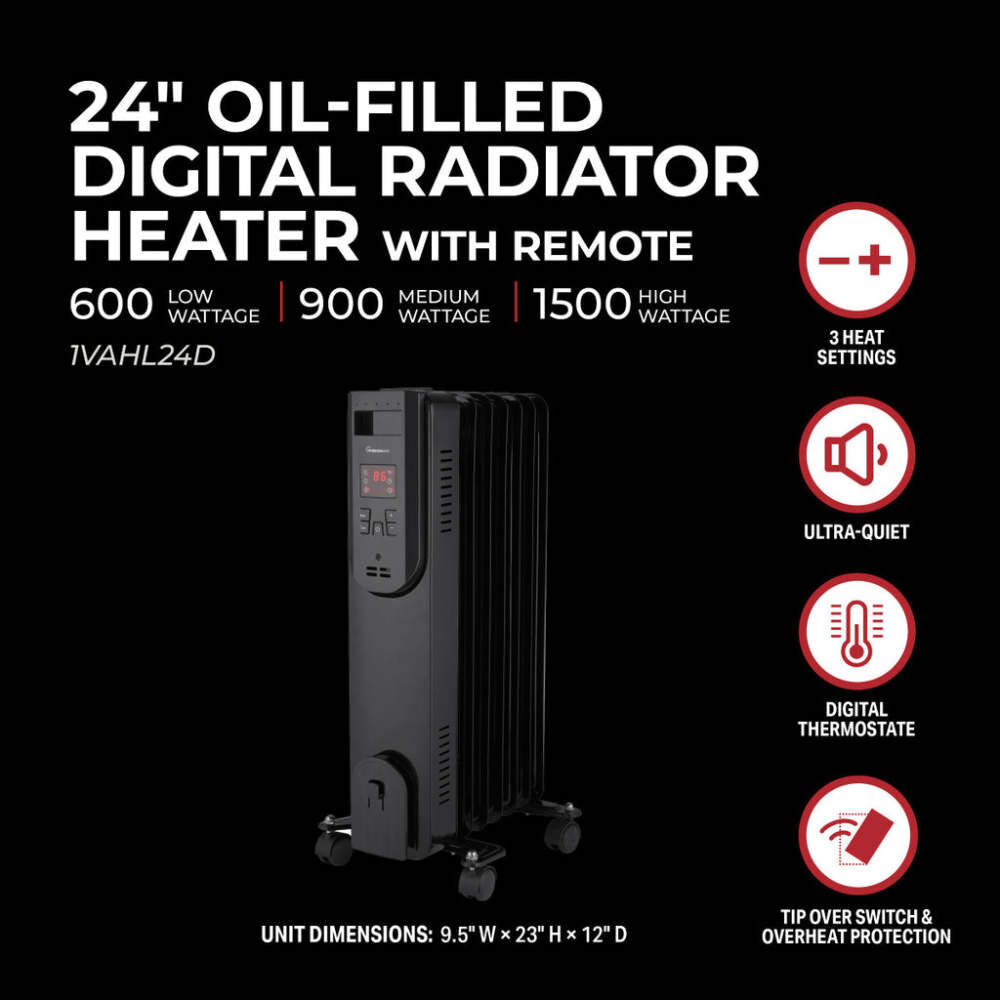 VisionAir 24 In. 600/900/1500W 5118 Btu 194 Sq-Ft. Oil-Filled Heater, large image number 4