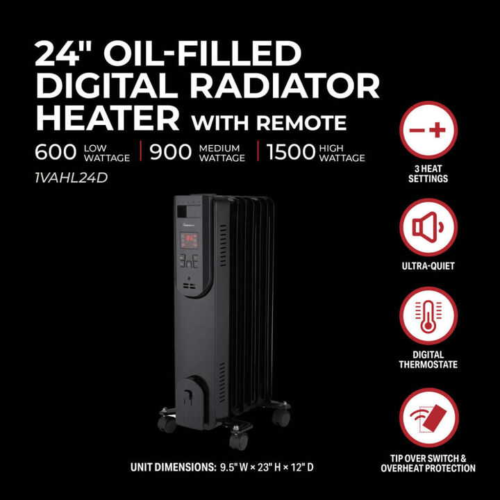 VisionAir 24 In. 600/900/1500W 5118 Btu 194 Sq-Ft. Oil-Filled Heater, large image number 3