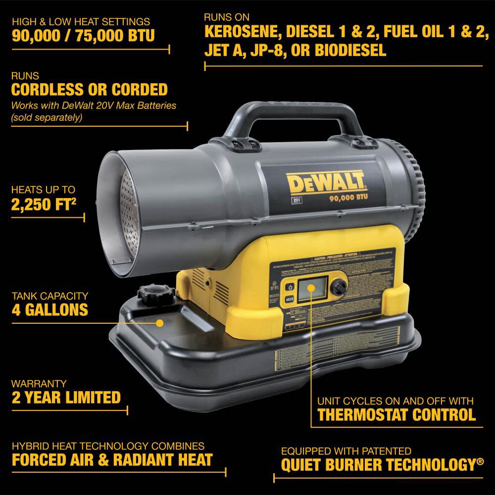 DEWALT 90,000 BTU DeWalt Cordless Forced Air Kerosene/Diesel Heater