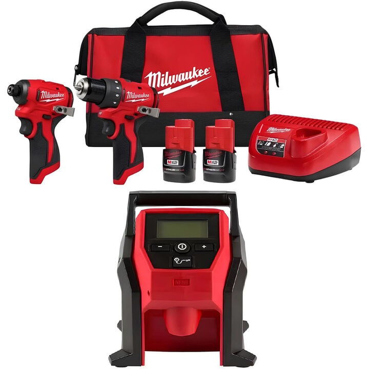 Milwaukee M12 Subcompact 2-Tool Combo Kit and Compact Inflator Bundle