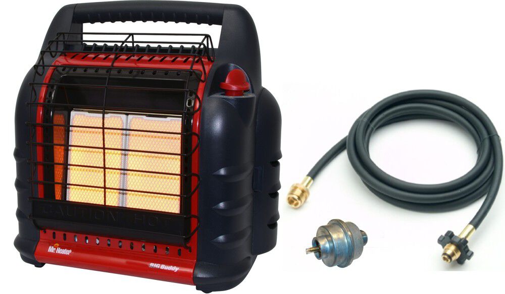 Mr Heater 18,000 BTU Big Buddy Portable Propane Heater 12 ft Propane Hose Assembly & Portable Buddy Fuel Filter Bundle, large image number 1