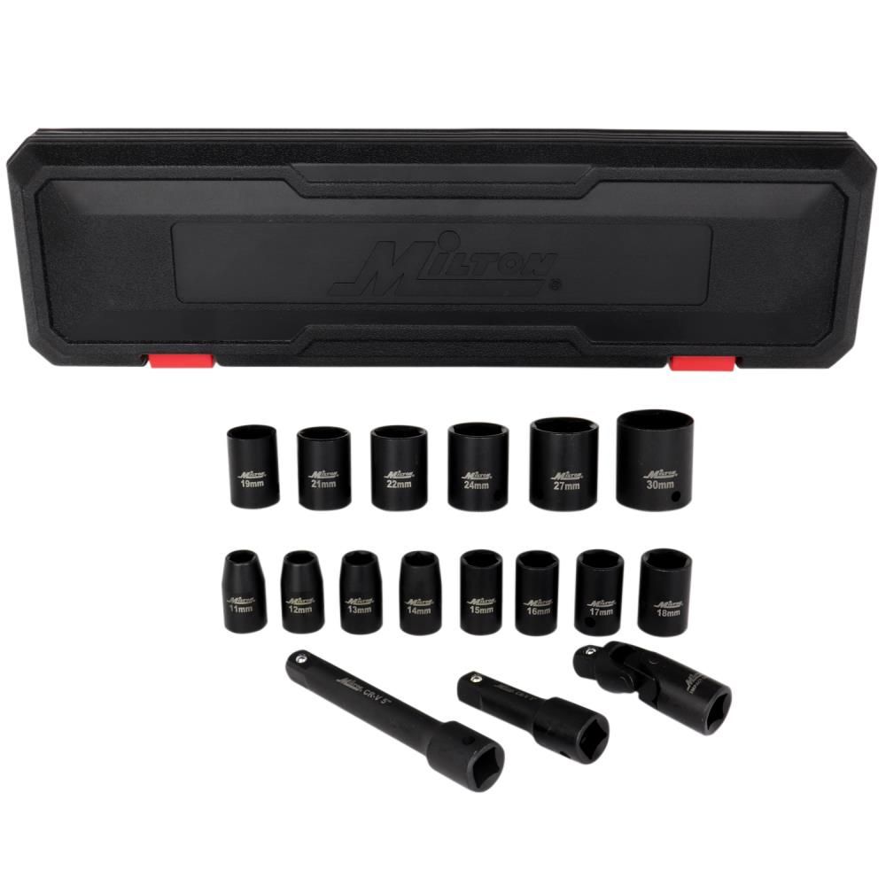 Milton 1/2 Drive Shallow 6-Point Impact Socket Set 11-30mm Metric Steel Coated Black Oxide Finish with Universal Joint & Extension Bars 17pc, large image number 1