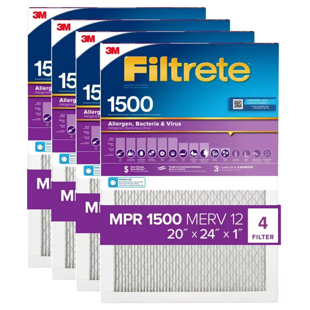 3M 20 Inch x 24 Inch 1500 MPR MERV 12 Allergen Air Filter – 4 Pack – 4269569-4 Pack