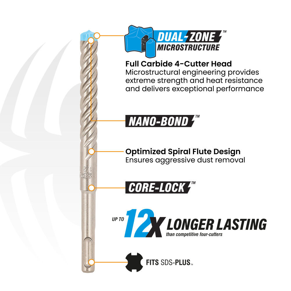 Spyder 1/2 Inch x 6 Inch SDS-Plus Hammer Drill Bit, 4 Full Carbide Cutter, large image number 2