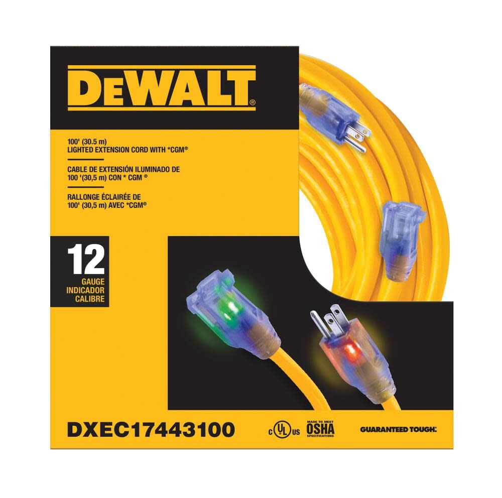 DEWALT 100′ 12/3 SJTW Lighted Ext Cord – DXEC17443100