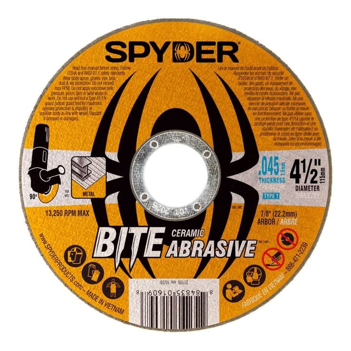 Spyder 4.5 Inch Ceramic Cut-Off Wheel, Type 1, 7/8 Inch Arbor, 0.045 Inch Thick