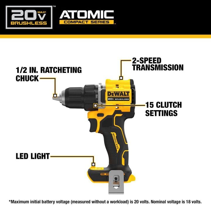 DEWALT Atomic Compact Series 20V Max Brushless Cordless 1/2 Inch Drill/Driver & 20V Max XR 5Ah Battery 2 Pack Bundle, large image number 3