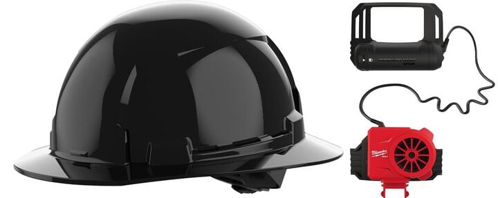 Milwaukee BOLT Black Full Brim Hard Hat with 4pt Ratcheting Suspension Type 1 Class E & USB Cooling Fan Bundle