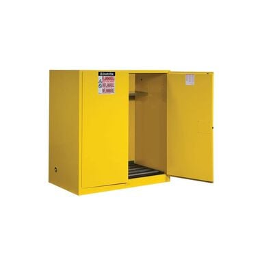 Justrite 110 Gallon Yellow Steel Manual Close Cabinet with Drum Rollers